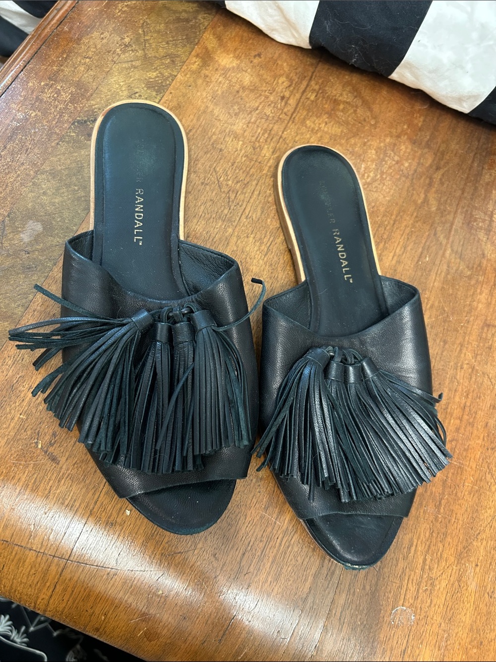 Loeffler Randall Black Leather Tassel Slide Mules